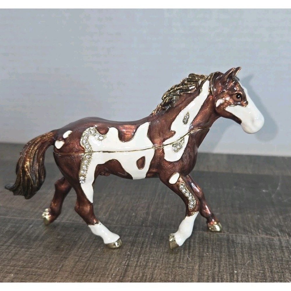 Ciel Running Horse Brown Trinket Box Hand Painted Enamel with Swarovski Crystal